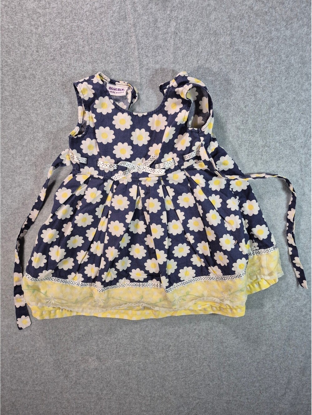Blueberi Boulevard Girls 3T Navy Daisy Floral Dress Yellow Trim Tie Back